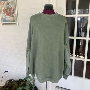 Aerie Oversized Olive Distressed Crewneck Sweatshirt NWT XL Waffle Sleeve Detail